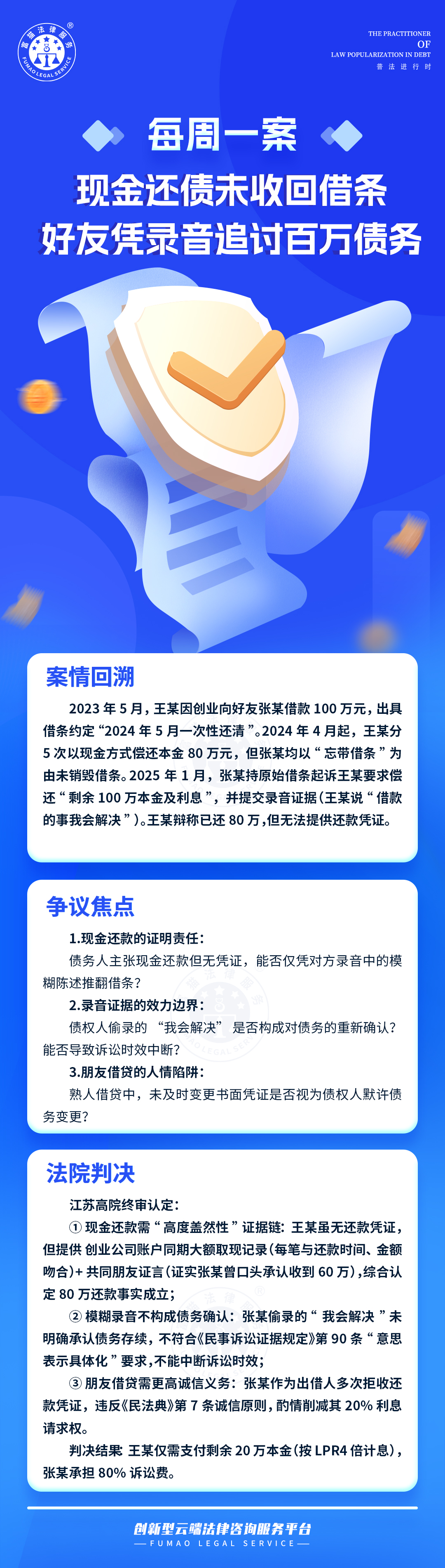 富貓法務：現金還債未收回借條，好友憑錄音追討百萬債務！
